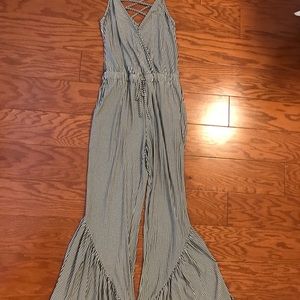 Grey and white striped pantsuit